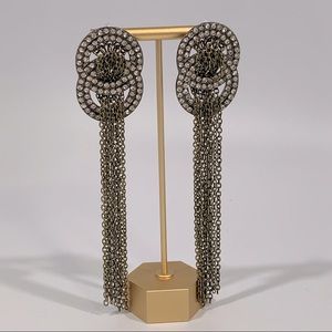 Antiqued Metal Rhinestone & Chain Dangle Long Statement Earrings